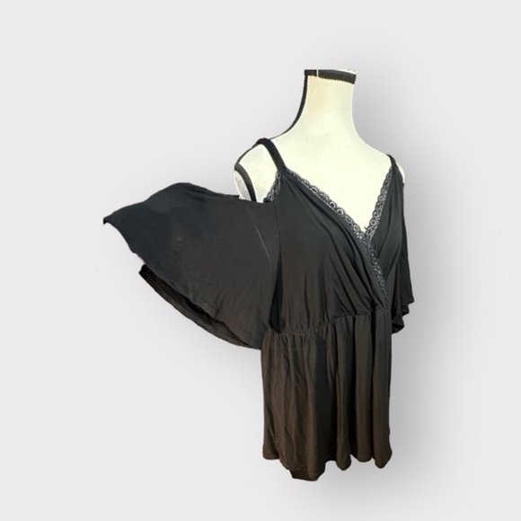 Women’s Torrid 0 Black Babydoll Super Soft Surplice Lace Trim Cold Shoulder Top - Picture 12 of 15